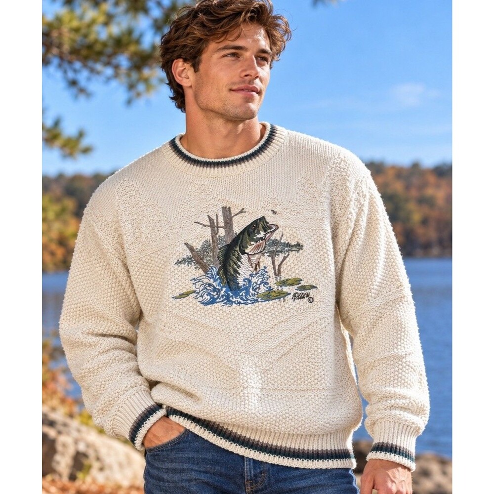 Vintage 90s Shenandoah BassFish EmbroideredLandscape Textured Sweater Cotton Med